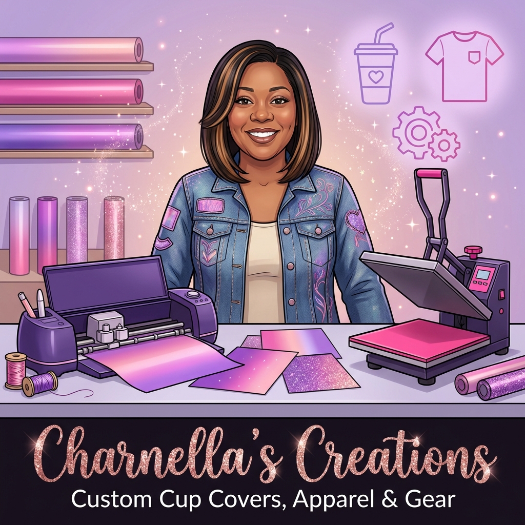 Charnella in her studio with pink and purple decor